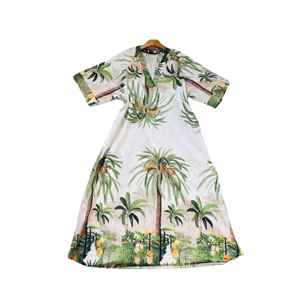 Civico 51 SZ XL Muu Muu Caftan Green Cotton Tropical Kaftan Dress leafy Coconut